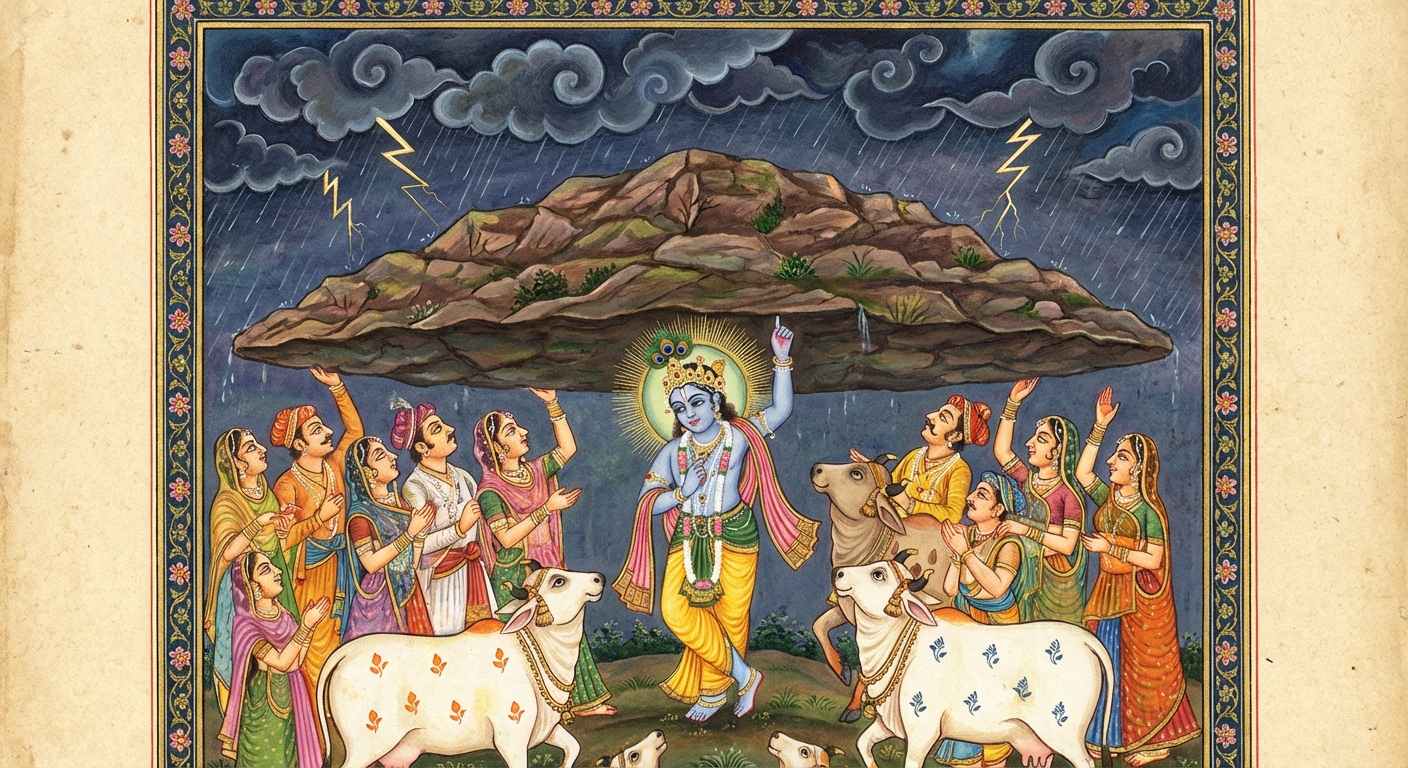 Krishna lifting Govardhan